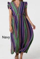 Aztec Print Frill Sleeve Cotton Dress