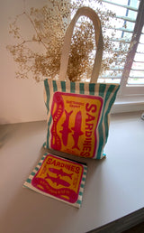 Tote Bag with Matching Cosmetic Pouch - Orange & Green