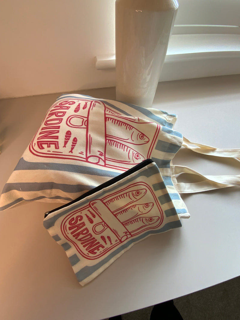 Tote & Matching Cosmetic Pouch - Blue & Pink
