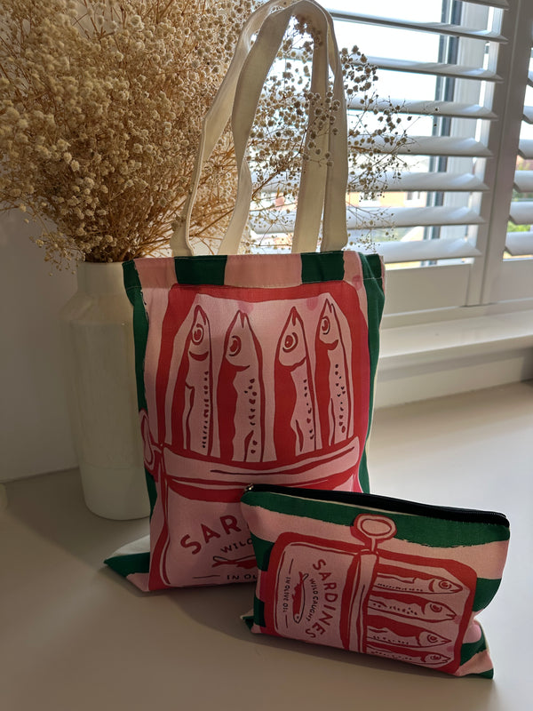 Canvas Tote & matching pouch set - Pink & Green