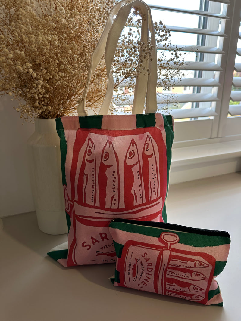 Canvas Tote & matching pouch set - Pink & Green