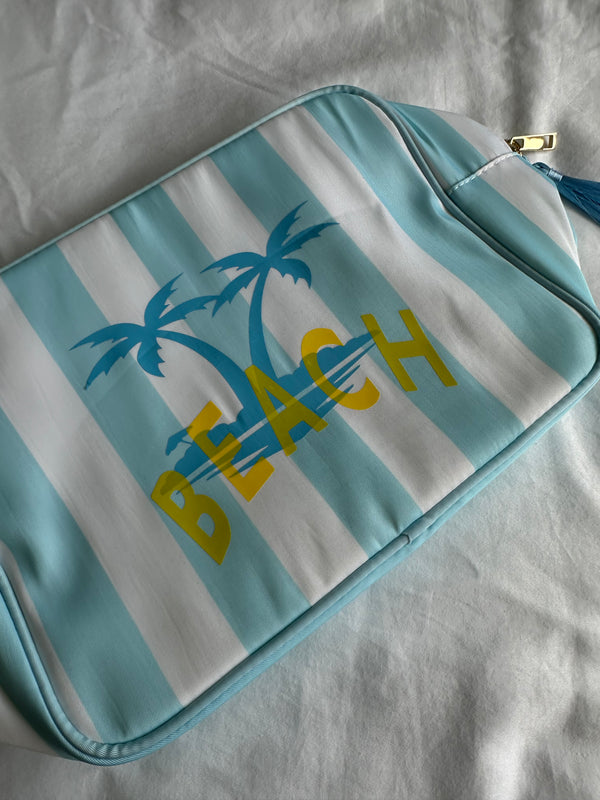 XL Blue Stripe Pouch with BEACH & PALM TREE