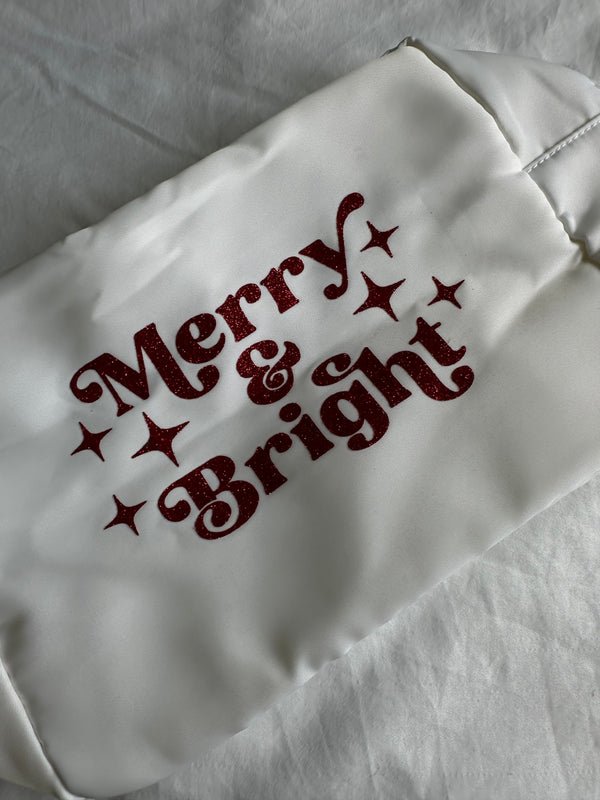 XL White Pouch with Red Sparkle MERRY  BRIGHT