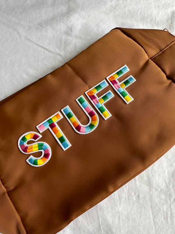 XL Brown Pouch with Multi Coloured Silk Letters STUFF