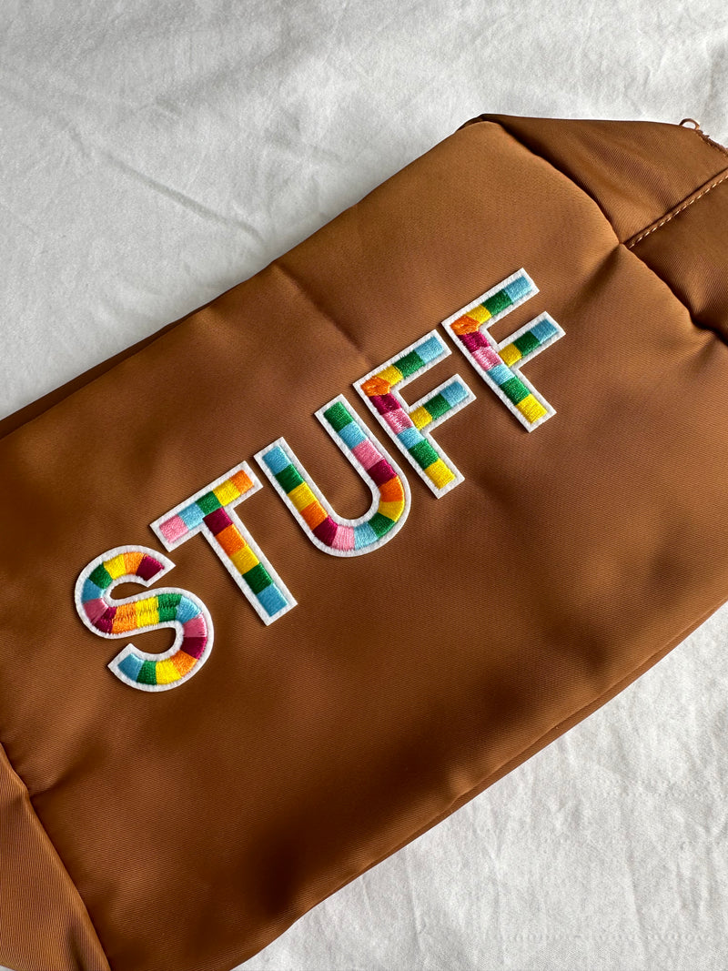 XL Brown Pouch with Multi Coloured Silk Letters STUFF