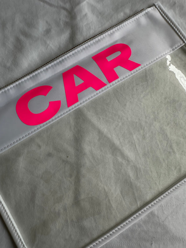 Clear white pouch with neon pink CAR