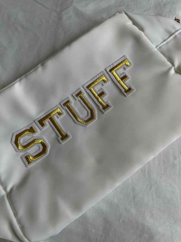 XL White pouch with gold silk STUFF letters