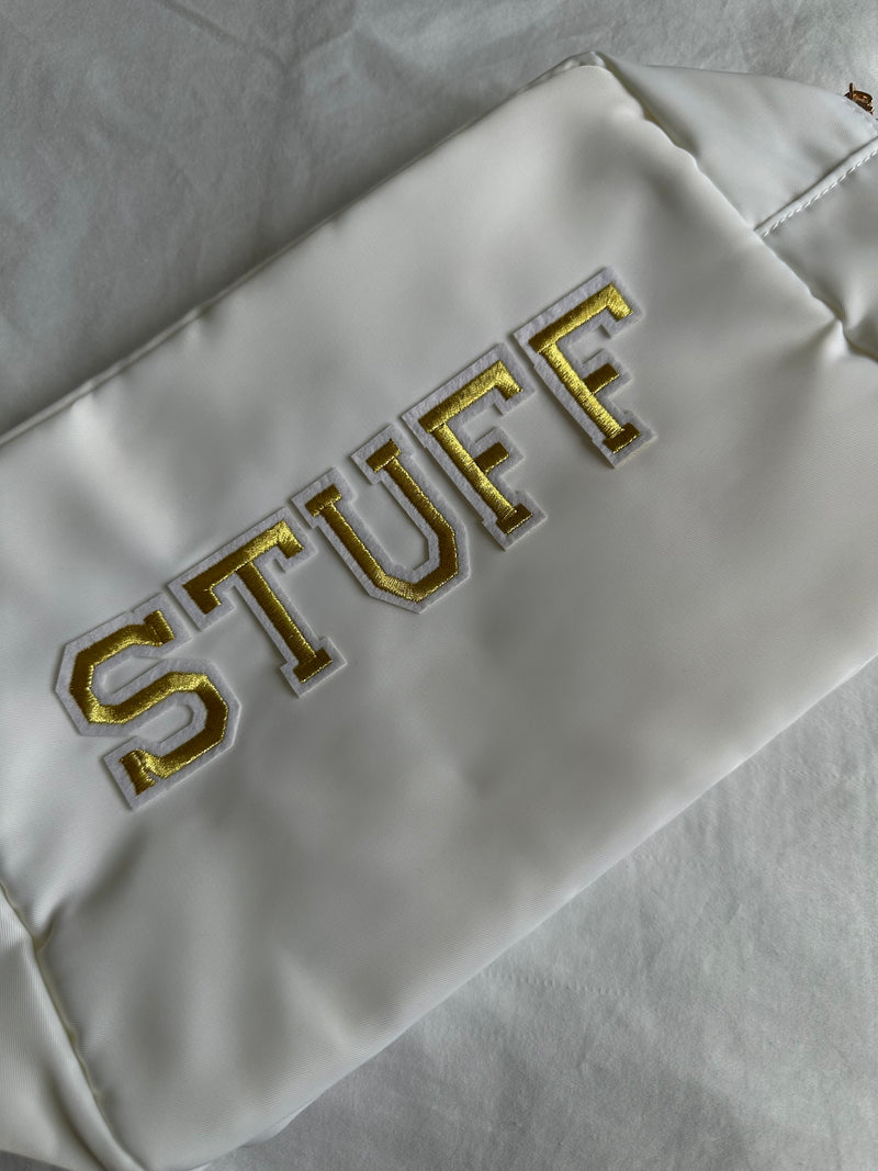XL White pouch with gold silk STUFF letters