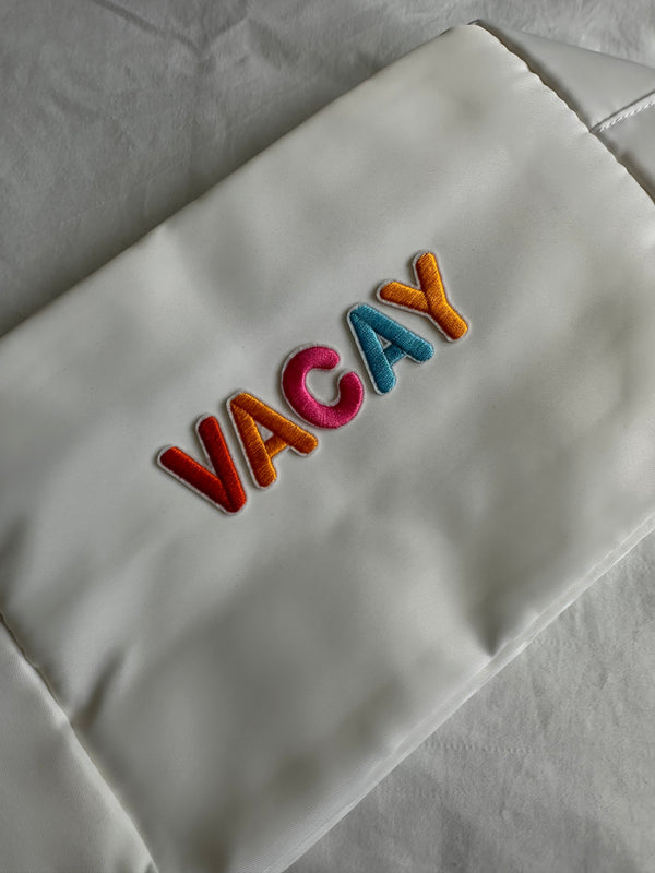 XL White Pouch with VACAY silk letters