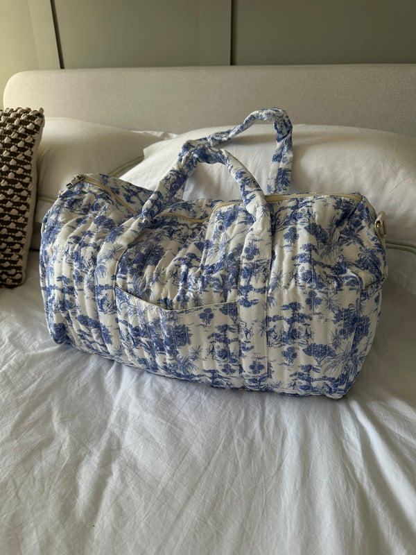 Blue Toile Quilted Holdall Tote Bag - Large